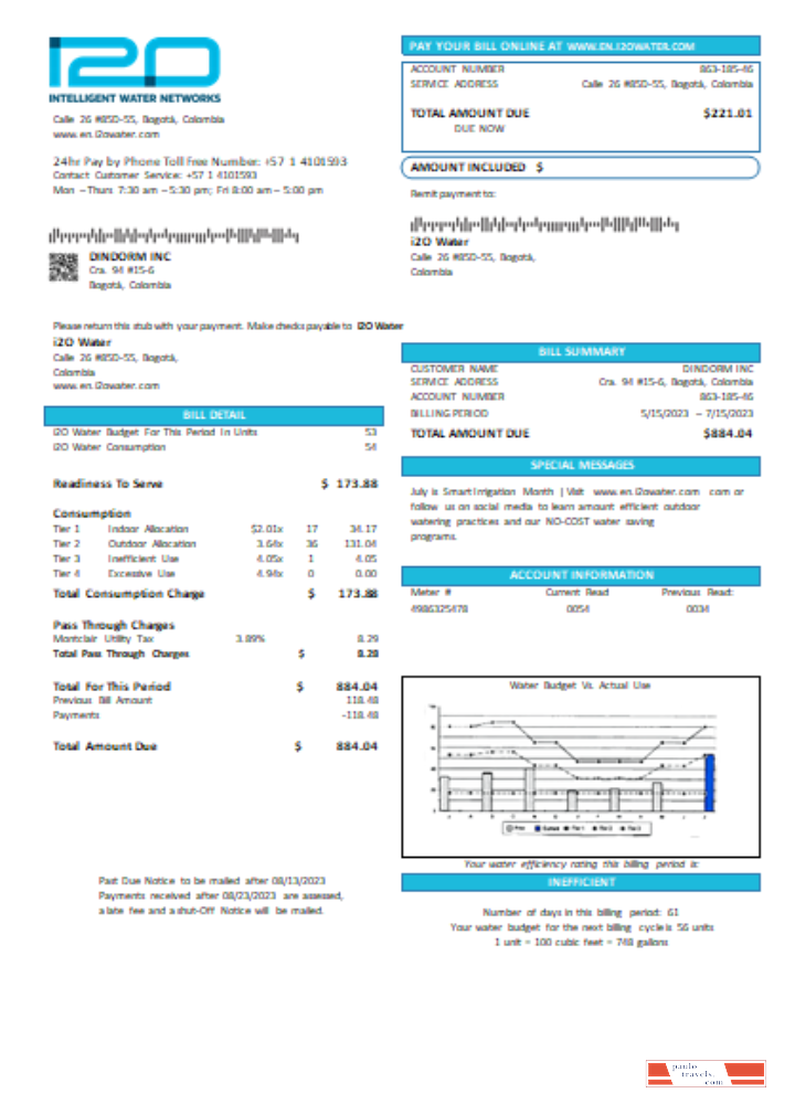 i2O Water (Colombia) utility business bill,  SCR PSD template